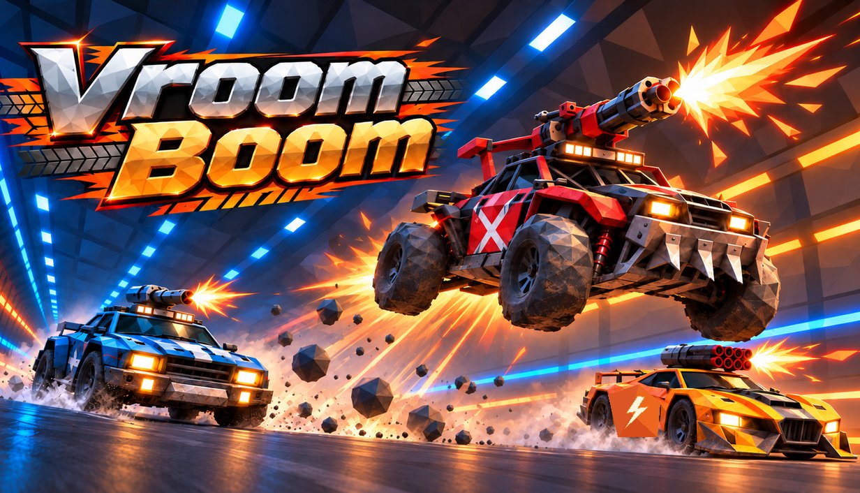 Vroom Boom key art: a red buggy with a white X, a blue car and a yellow car racing through a low-poly tunnel
